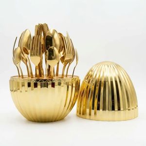 Striped Cutlery Set  24-Piece Plated Stainless Steel Luxury Dinnerware with Vertical Striped Egg-Shaped Holder  Premium Flatware Cutlery Set Of Forks, Tea Spoons, Table Spoons And Table Knivies