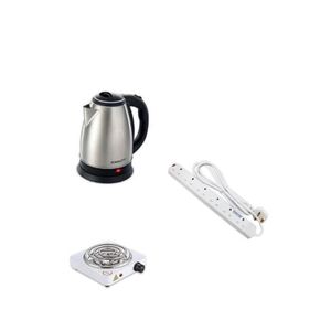 Single Coil Hotplate, 2L Electric Kettle,  & 6 Way Extension Cable - White, Silver