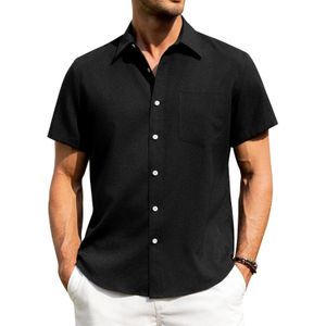 Alimens & Gentle Mens Linen Shirts Short Sleeve Button Down Shirts Wrinkle Free Casual Vacation Beach Summer Tops (Black)