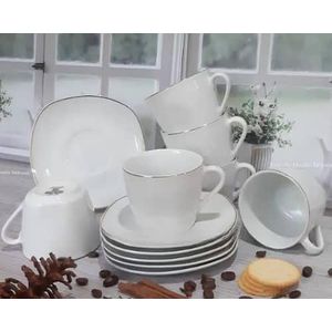 12 Piece Gold Line Diamond Cut White Cups And Saucer Coffee Cup Set For 6 Person Espresso Cup Cuppuccino Mug Set Gift Drinkware -White