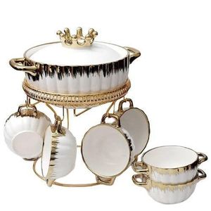 Fancy Ceramic Soup Tureen Bowl Gift Set with 6 Soup Bowls/Cups with Handles, Gold Stand & Lid, Hotpot Style Home Decor Kitchen Utensils Set for Ramen Pasta Gravy