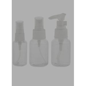 set of clear plastic travel-size spray and pump bottles often sold as portable containers for cosmetics, shampoo, or lotion. 