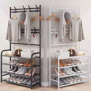 Multi-Functional Entryway Garment Rack & 4-Tier Shoe Organizer – Heavy-Duty Clothes Hanging Stand with Storage Shelves