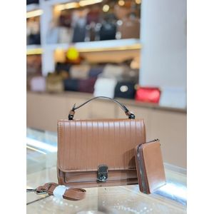Handwing Vertical Pleated Satchel Bag Set with Twist Lock, Wallet and Detachable Strap for Women
