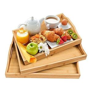 3 Piece Bamboo Wood Food Serving Trays Platter - Brown