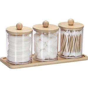 3 PCS Qtip Cotton Ball Holders Acrylic Dispenser Containers with Eco-Friendly with Bamboo Lid and Tray, Cotton Swab ,Makeup Pads and Dental Floss Dispenser, Bathroom Storage Jar Canister, Plastic Apothecary Jar for Kitchen Bathroom Dressing Table 