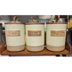 Other  3pcs Set Of Ceramic Canisters with Airtight Bamboo Lid and Wooden Base -multicolor 