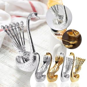 25 Pack Swan Base Holder with 6 Table Spoons 6 Forks, 6 Tea Spoons 6 Knives Creative Flatware Set, Decorative Party Cutlery Serving Utensils for Cutting Stirring, Mixing, Sugar, Ice Cream, Fruit, 
