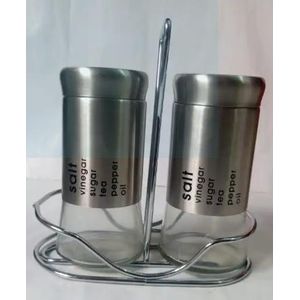 Set of 2 Glass Salt & Pepper Shakers with Stainless Steel Stand - Silver