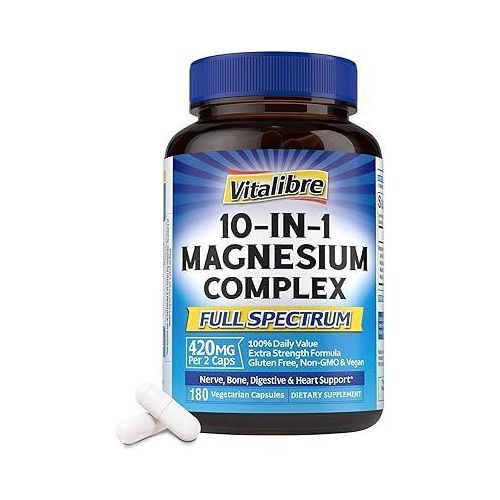 product_image_name-Vitalibre-10 in 1 Magnesium Complex, 420mg Elemental Magnesium Ultra Strength, Max Absorption Chelated Magnesium Supplement for Nerves, Bone & Heart Health Non-GMO, 180 Vegan Capsules-1