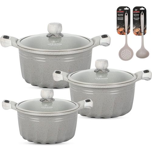 product_image_name-Life Smile-Pots Set 8 pieces Cookware set Induction Base Granite Non Stick Coating, Die Cast aluminum PFOA FREE include Casseroles & Silicone Utensils - Grey-1