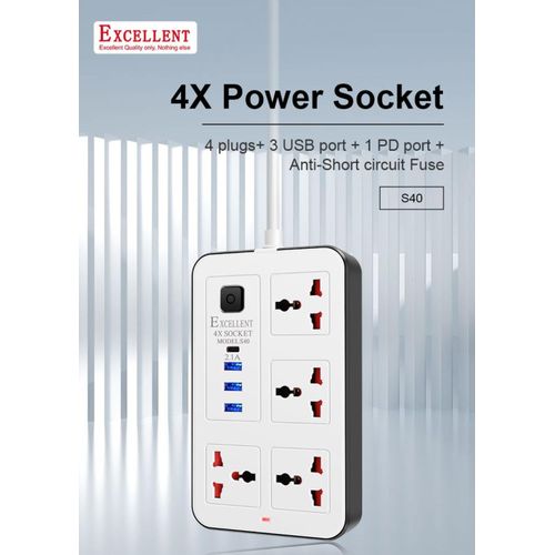 product_image_name-Excellent-4 Way Power Extension Cable With 3 USB Ports - White-1