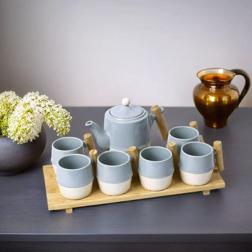product_image_name-Generic-8 Piece Ceramic Tea Set Porcelain Ceramic Coffee Sets Cups Service for 6 People Cuppucino Mugs with Bamboo Wooden Tray, Tea Pot Gift Set- Multicolor -4