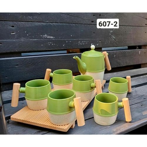product_image_name-Generic-8 Piece Ceramic Tea Set Porcelain Ceramic Coffee Sets Cups Service for 6 People Cuppucino Mugs with Bamboo Wooden Tray, Tea Pot Gift Set- Multicolor -5