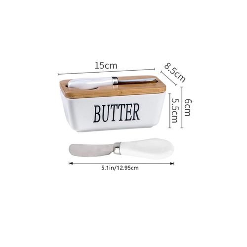 product_image_name-Generic-Butter Dish with Wooden Lid and Knife, Ceramic White Butter Box with Removable Double Silicone Seals- White -5