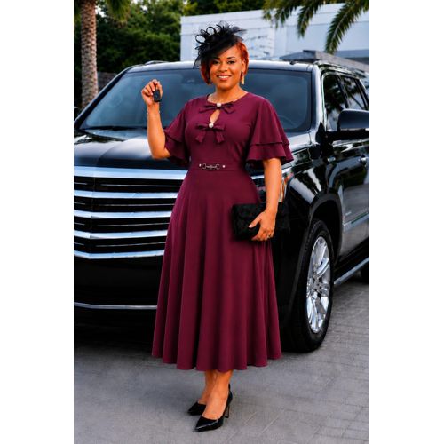 maxi dress plum Babyboo Kylie in Size L Floral Bodycon Dress in May25BS Neck Size:M Knot detail