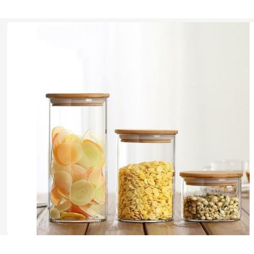product_image_name-Generic-3 Pcs Sealed Jar Food Storage Containers For Pantry Tea Can Storage Pasta Containers Jars For Food Storage Oriental Capsule Airtight Cake Container Wood Cover Glass Seal. Transparent-1