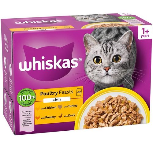 product_image_name-Whiskas-1+ Poultry Feasts in Jelly, a wet cat food available in a pack of twelve 85g pouches. -1