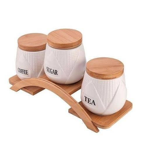 product_image_name-Generic-Tea Coffee Sugar 3 Canisters Set With Wooden Wavy Stand Tray & Bamboo Lid Condiment Airtight Jars Set- White.-1