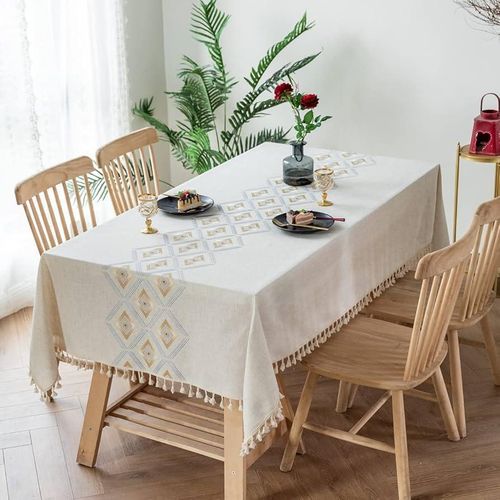 product_image_name-Generic-140 x 180 cm Elegant Rustic Farmhouse Embroidered Burlap Cotton Rectangular Linen Tablecloth With Tassel Wrinkle Resistant Waterproof Washable for Home Kitchen Dining Table Cover Decoration-8