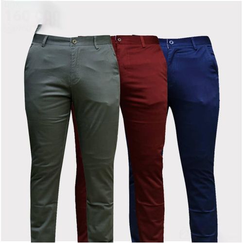 product_image_name-Generic-Pack Of 3 Men's Kaki Trousers - Green, Maroon, Navy Blue-1