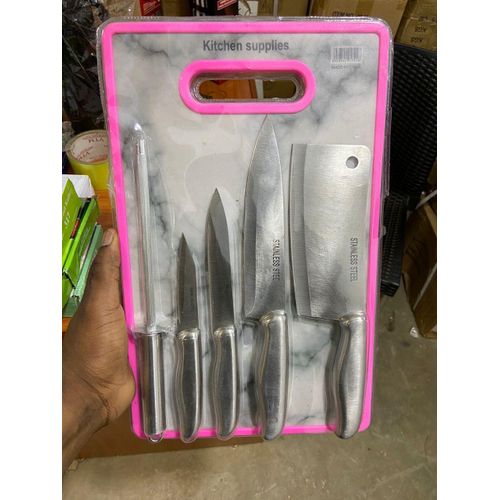 product_image_name-Generic-Silver Knife Set with Sharpener & Cutting Board - Multicolor-2