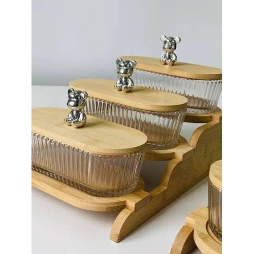 product_image_name-Generic-2Jars 2 Tier Glass Snacks Serving Bowls Set Platters With Bamboo Wooden Tray Stand Rack And Lids For  Dessert, Fruit, Vegetables, Appetizer, Cake, Candy, Chip Dip Food Storage- Clear-3