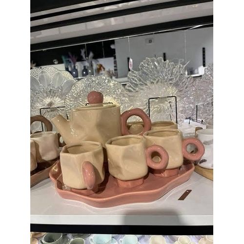 product_image_name-Generic-8 Piece Irregular crinkled Or Folded Textures Ceramic Tea Set Porcelain Ceramic Coffee Sets Cups Service for 6 People Cuppucino Mugs with Tray, Tea Pot Gift Set- Multicolor -4