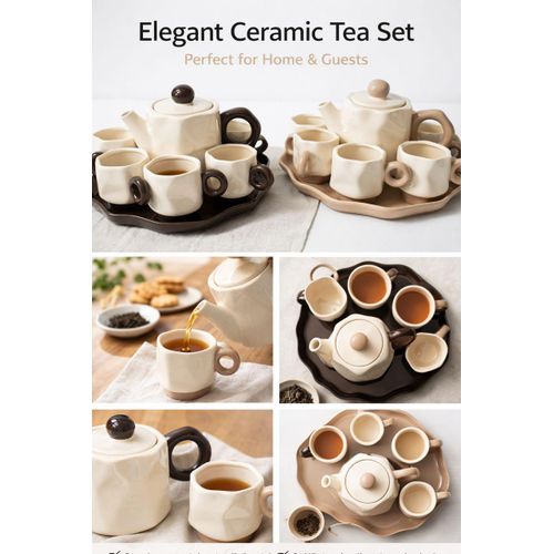 product_image_name-Generic-8 Piece Irregular crinkled Or Folded Textures Ceramic Tea Set Porcelain Ceramic Coffee Sets Cups Service for 6 People Cuppucino Mugs with Tray, Tea Pot Gift Set- Multicolor -5