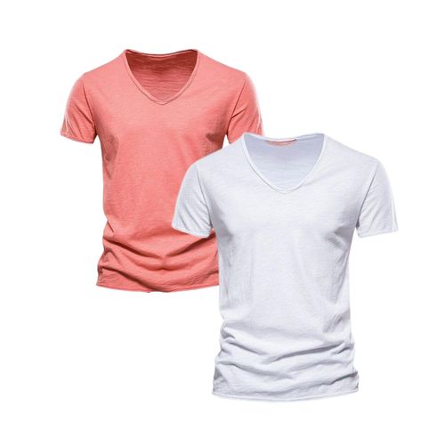 Shop 2 Pack New Summer V-neck T-shirt Men 100% Combed Cotton Solid ...