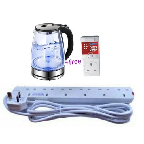 product_image_name-Generic-Pack Of Original 2L Glass Electric Kettle With LED Blue Light With A 6Way Extension And A Free TV Guard- Silver , Black-1