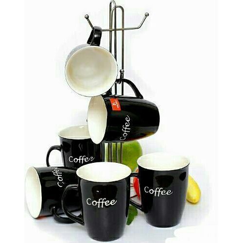 product_image_name-Generic-6 Pieces Of plain Tea Cups White Printed Coffee Mugs Tumblers - Black-1