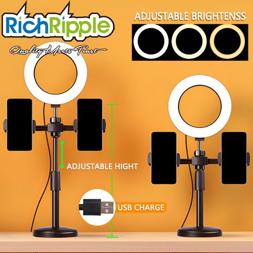 product_image_name-RichRipple-6 Inch 16cm LED Selfie Ring Light With Tripod Stand 2pcs Mobile Phone Clips Holders 3000-5800K Fill Light For Makeup Live Video Black-1