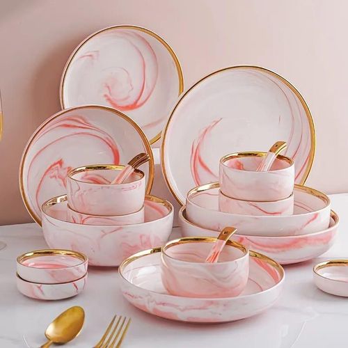 product_image_name-Generic-32Pcs Microwave Ceramic Pates Bowls Spoons Restaurant Dinnerware Gift Set Porcelain With Gold Rim Box-1