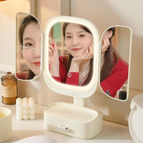product_image_name-Generic-multifunctional tri-fold makeup mirror features integrated LED lighting and a built-in storage drawer for cosmetics and jewelry-1