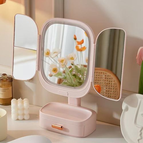 product_image_name-Generic-multifunctional tri-fold makeup mirror features integrated LED lighting and a built-in storage drawer for cosmetics and jewelry-2