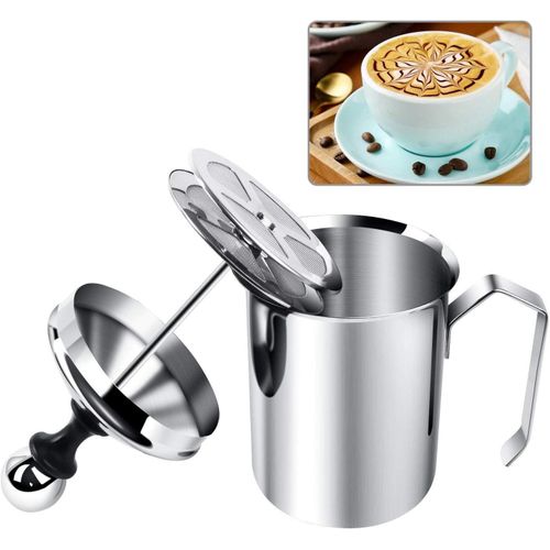 product_image_name-Generic-500ml Manual Milk Creamer Hand Pump Frother Cappuccino Latte Coffee Foam Pitcher with Handle, Lid, Double Layer Filter Screen, Stainless Steel, 17-Ounce -Silver-1