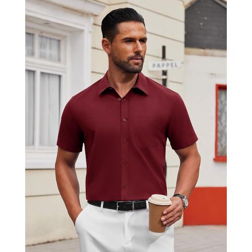 product_image_name-Fashion-Alimens & Gentle Shirts Mens Dress Shirts Stretch Short Sleeve Formal Business Wedding Button Down Shirt Wrinkle Free (Red)-2