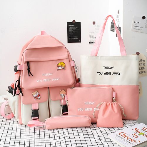 product_image_name-Fashion-Pink Backpack 5-Piece Set - Colorblock Student School Bag - Cute Backpack-1