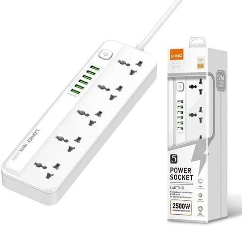 product_image_name-Ldnio-2500W Power Strip Surge Protector With 5 Ac Outlets Sockets And 6 Usb Charging Ports 2m Long Extension Cord For Home- White-1