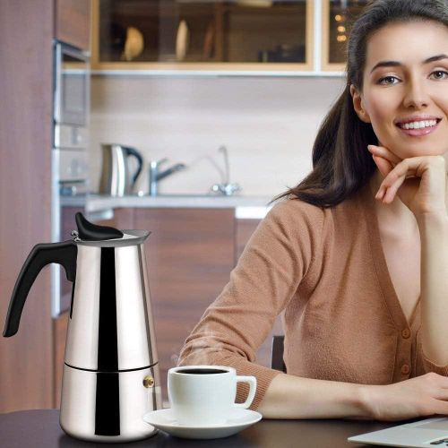 product_image_name-Generic-6 Cups Moka Pot Large Capacity Stainless Steel 304 Moka Pot Coffee Maker Stovetop Espresso Maker Coffee 450ML- Siliver-6