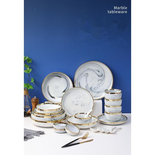 product_image_name-Generic-32Pcs Microwave Ceramic Pates Bowls Spoons Restaurant Dinnerware Gift Set Porcelain With Gold Rim Box-2
