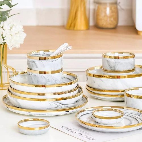 product_image_name-Generic-32Pcs Microwave Ceramic Pates Bowls Spoons Restaurant Dinnerware Gift Set Porcelain With Gold Rim Box-3