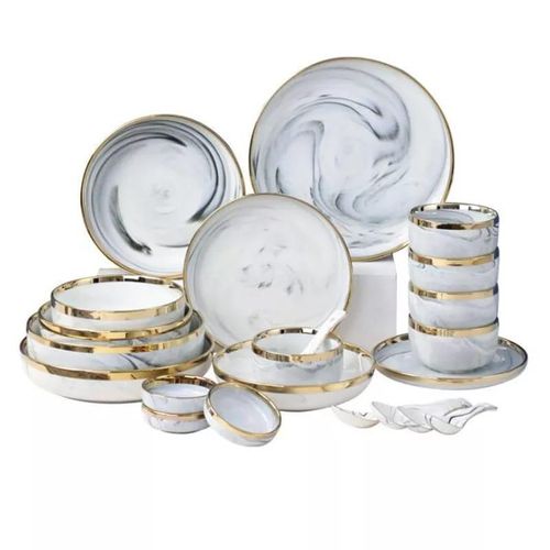 product_image_name-Generic-32Pcs Microwave Ceramic Pates Bowls Spoons Restaurant Dinnerware Gift Set Porcelain With Gold Rim Box-4