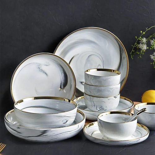 product_image_name-Generic-32Pcs Microwave Ceramic Pates Bowls Spoons Restaurant Dinnerware Gift Set Porcelain With Gold Rim Box-5