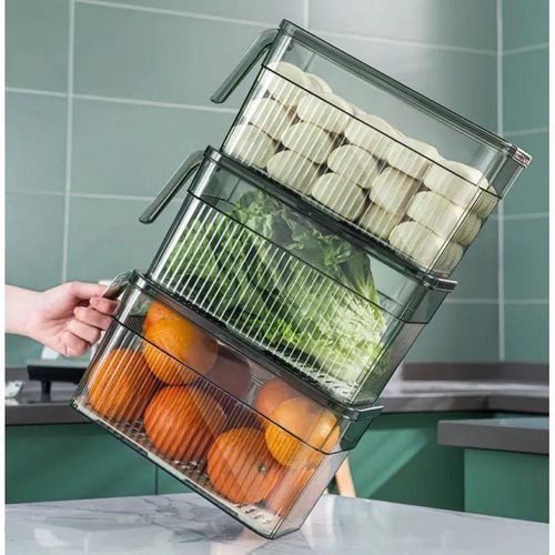 product_image_name-Generic-1Piece Food Storage Container Refrigerator Organizer Holder With Lid And Handle Plastic Fresh Box With Drain Basket - Green-2