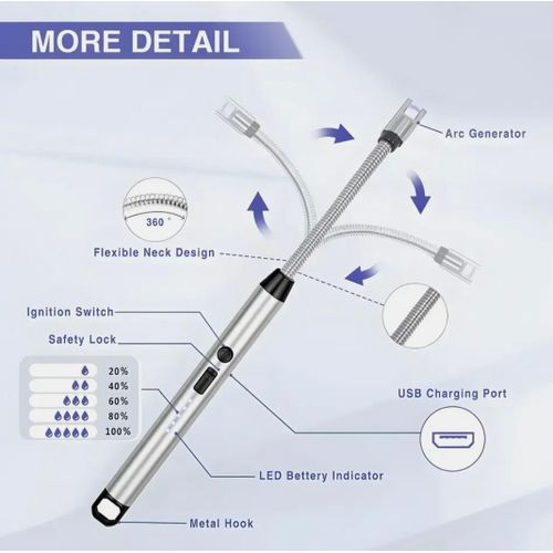 product_image_name-Generic-Rechargeable Electric Arc Gas Lighter – USB-C Windproof Flameless Lighter with 360° Flexible Neck for Kitchen, Candles & Home Use- silver -4