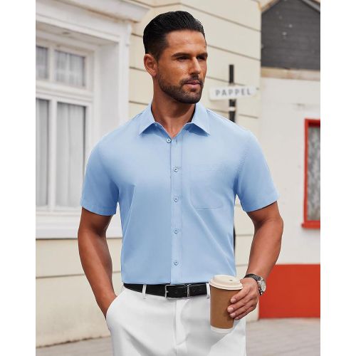 product_image_name-Fashion-Alimens & Gentle Shirts Mens Dress Shirts Stretch Short Sleeve Formal Business Wedding Button Down Shirt Wrinkle Free (Blue)-2
