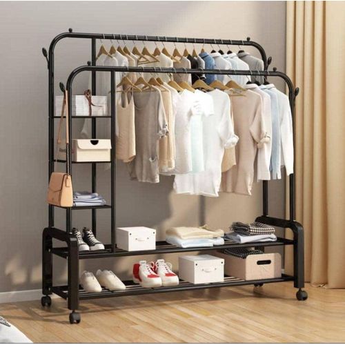 product_image_name-Generic-Multifunctional Double-Pole Garment Rack with Side Shelves-1