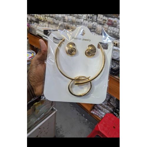 product_image_name-Halo-Gold tone fashion jewelry set necklace,bangle,ring and earrings -2